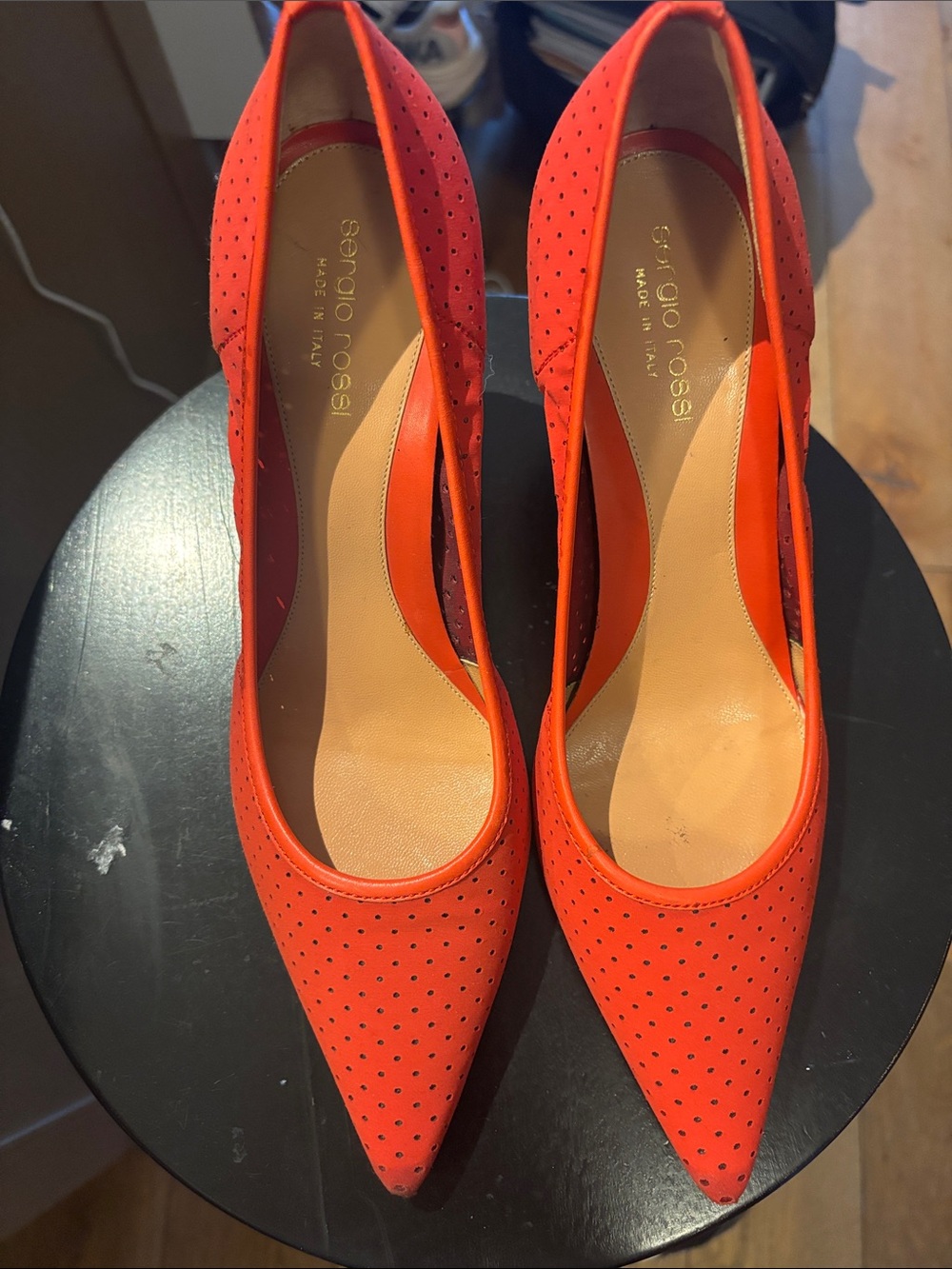 Sergio Rossi Orange-Red Pointed Toe Perforated Pumps